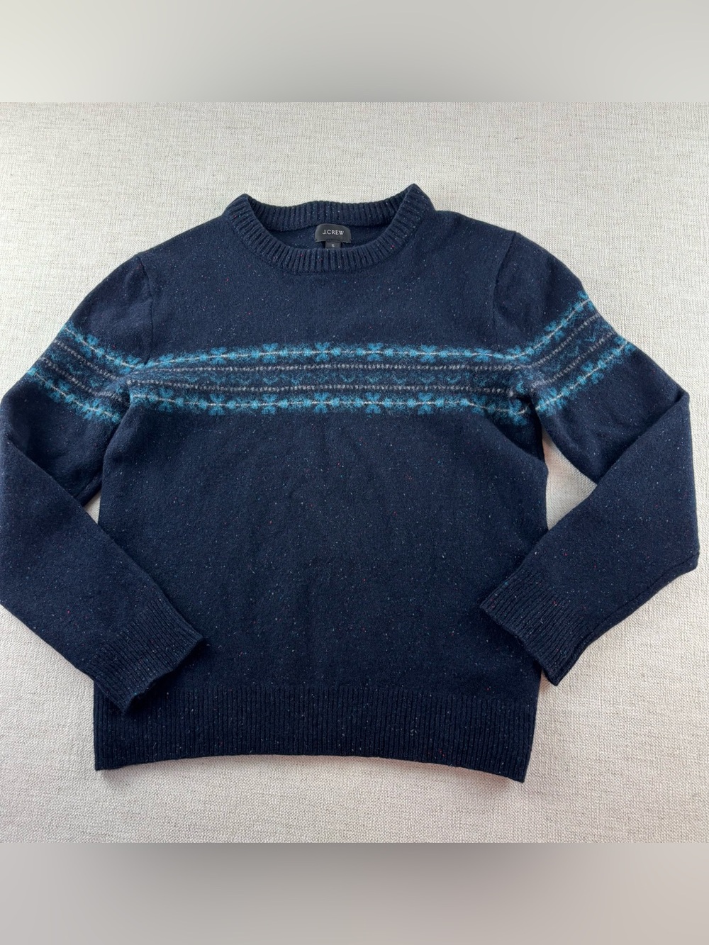 J. Crew boy’s 10 Crewneck Sweater Fair Isle Yoke navy blue wool blend